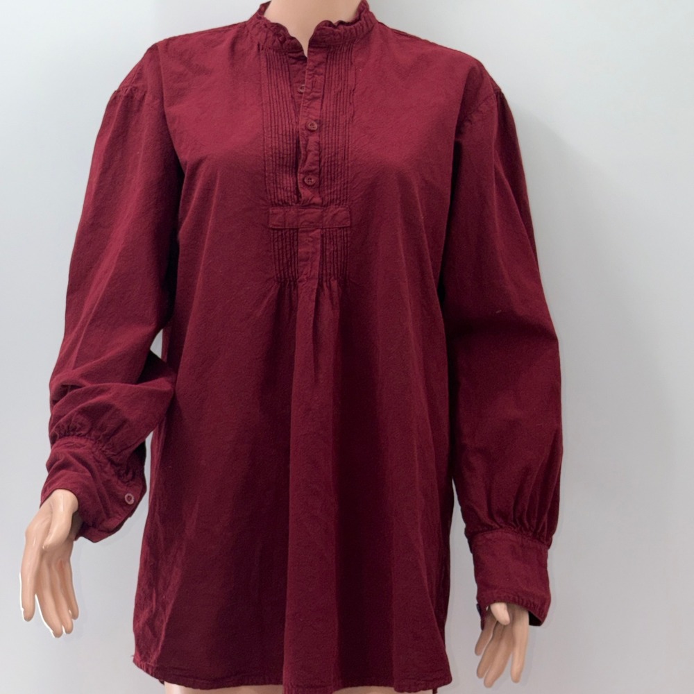 Scully Small Burgundy Peruvian Cotton Pintuck Ruffle Neck Western Boho Tunic